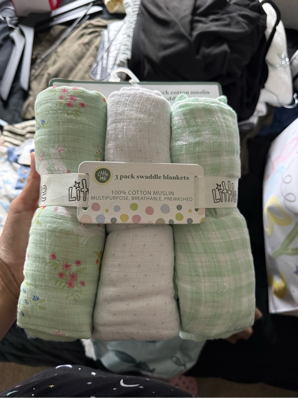 Little Me Mint & White 3-Pack Cotton Muslin Swaddle Blankets